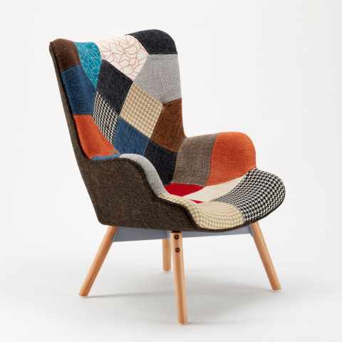 Patchy skandinavisk design lænestol med stoflapper som polster og træben