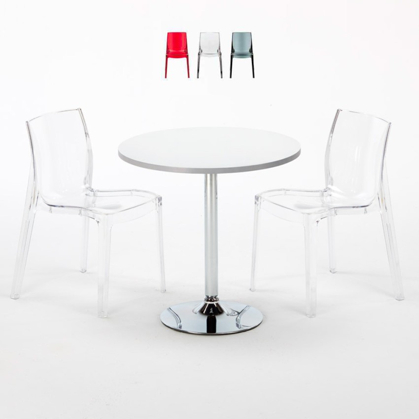 Spectre hvidt cafebord sæt: 2 Femme Fatale gennemsigtig stole og 70cm rundt bord Tilbud