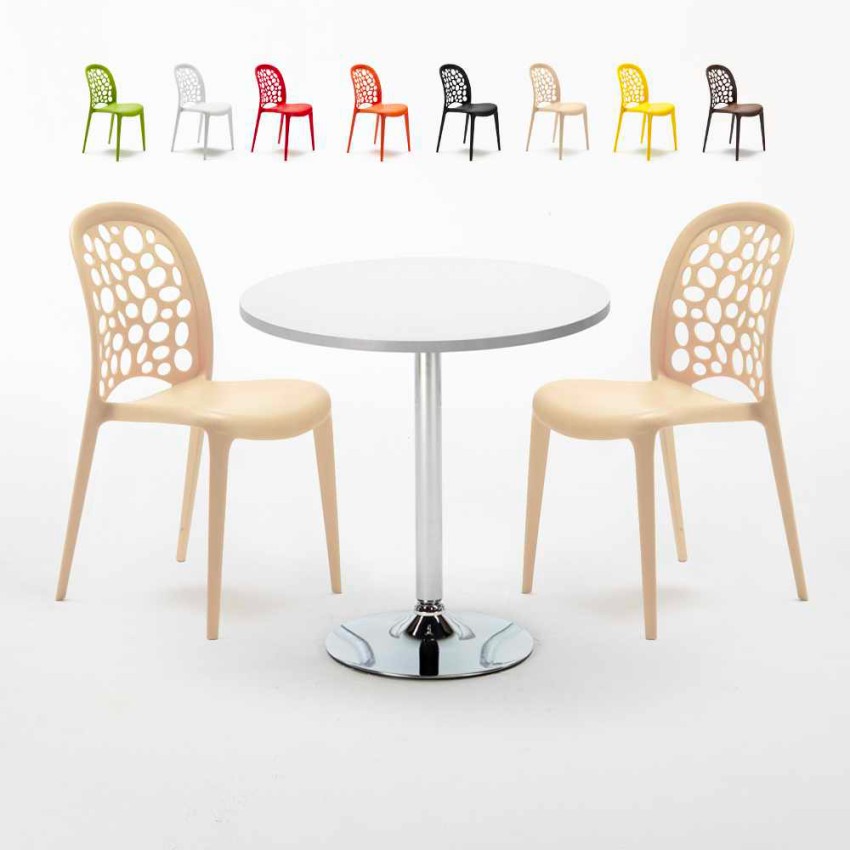 Long Island hvid cafebord sæt: 2 Wedding farvet stole og 70cm rundt bord På Tilbud