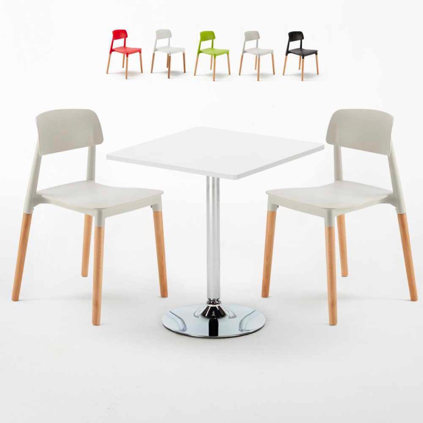 Cocktail hvid cafebord sæt: 2 Barcellona farvet stole og 70cm kvadratisk bord Tilbud
