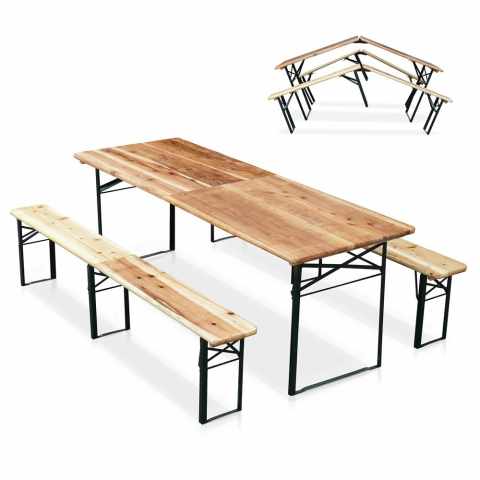 Sæt med 10 sammenklappelige borde og 20 bænke i træ til udendørs events