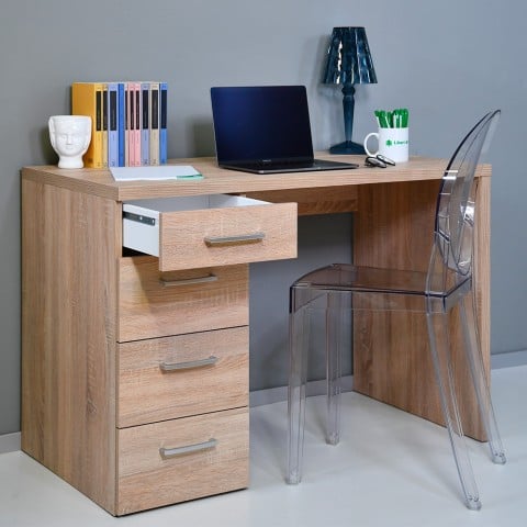KimDesk 110x60 cm lille skrivebord træ med 4 skuffer opbevaring eg Kampagne