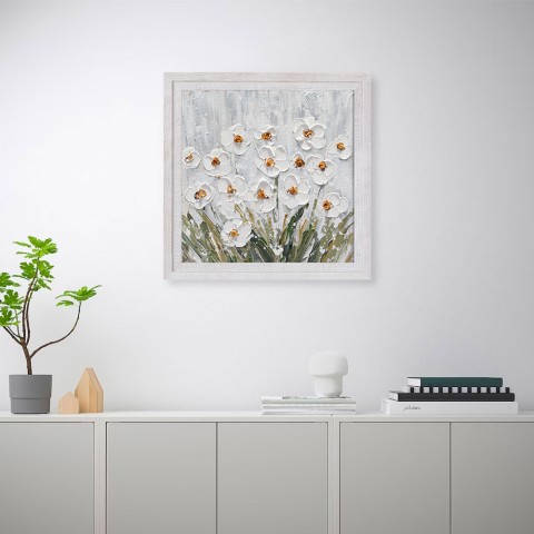 Håndmalet billede på lærred hvide blomstereng med ramme 30x30cm Z501
