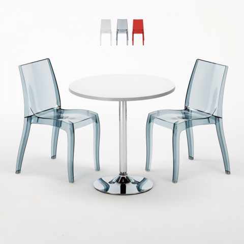 Silver hvid cafebord sæt: 2 Cristal light gennemsigtig stole og 70cm rundt bord