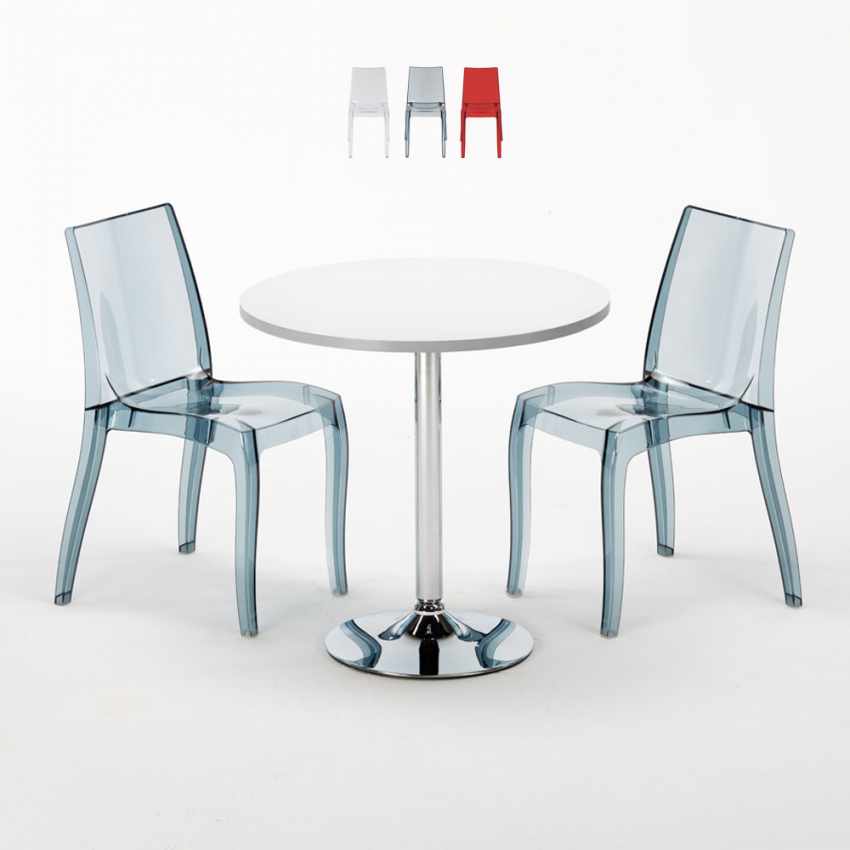 Silver hvid cafebord sæt: 2 Cristal light gennemsigtig stole og 70cm rundt bord Kampagne