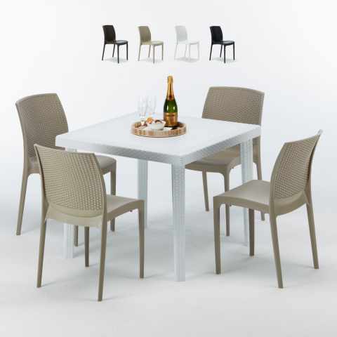 Love hvid havebord sæt: 4 Bohème farvet stole og 90cm kvadratisk bord