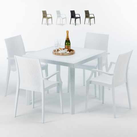 Love hvid havebord sæt: 4 Bistrot Arm farvet stole og 90cm kvadratisk bord