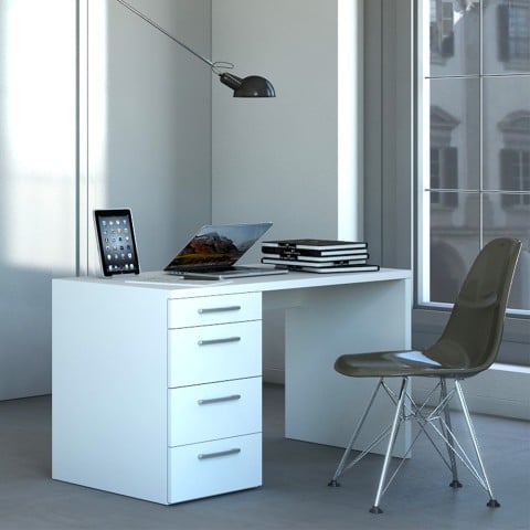 KimDesk WS hvidt lille træ skrivebord 110x60 cm med 4 skuffer Kampagne