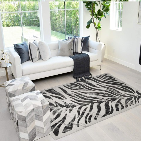 Moderne rektangulært tæppe med sort grå zebra mønster Double GRI006