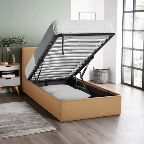 Basel Twin enkelt seng 80x190 cm stofbetrukket med lameller og opbevaring Kampagne