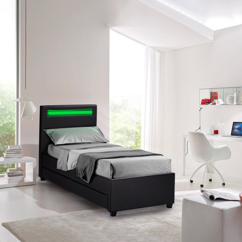 Geneva Twin enkelt seng 80x190 cm eco læder med lameller LED opbevaring Kampagne
