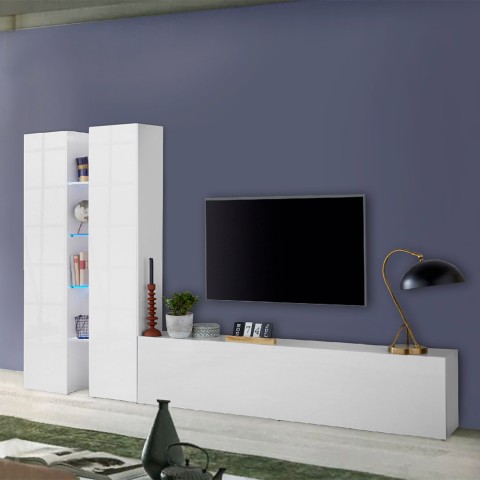 Sage WH møbelsæt træ hvid tv bord 2 høje skabe 4 svævehylder glas Kampagne