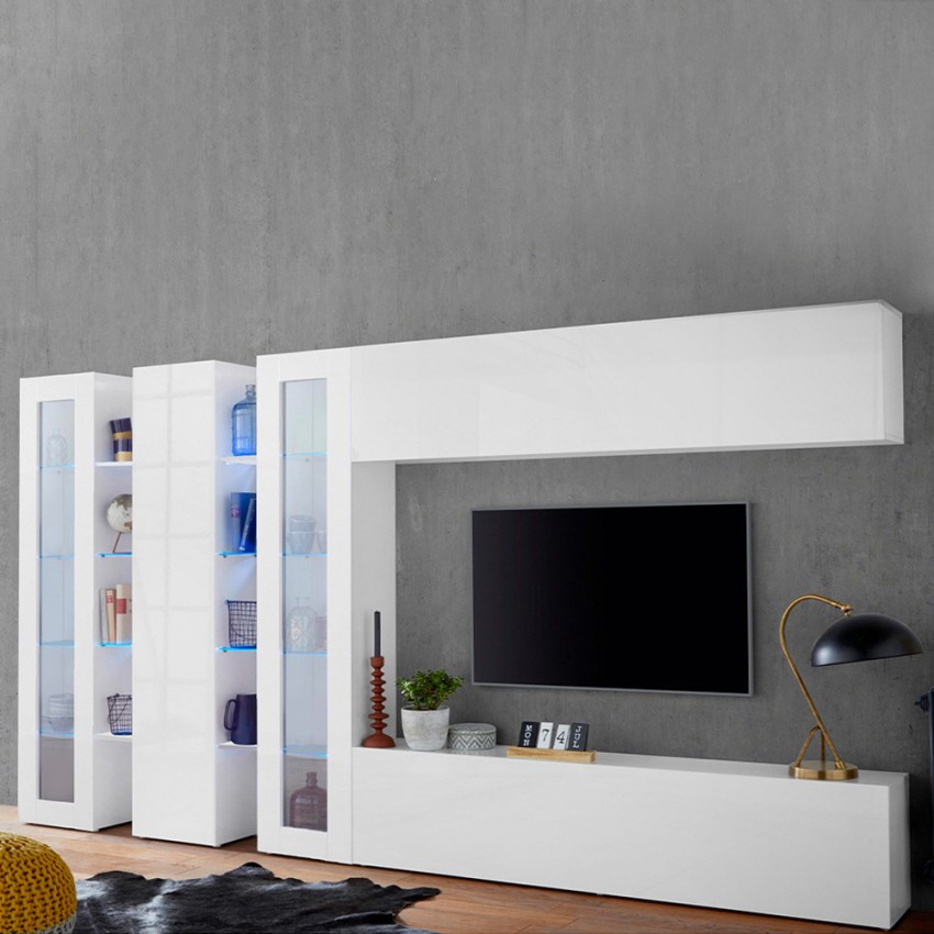 Joy Mir møbelsæt træ hvid tv bord 3 skabe vitrineskabe svævehylde Kampagne