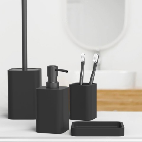 Badeværelsestilbehør sæt sæbeskål dispenser børsteholder sort tumbler Onyx Kampagne