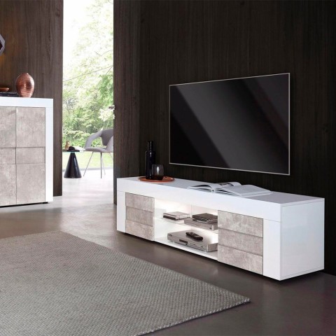 Wireburn Grande Easy blank hvid grå TV bord 180 cm 2 låger glashylde Kampagne