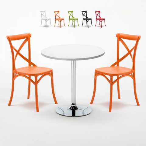 Long Island hvid cafebord sæt: 2 Vintage farvet stole og 70cm rundt bord