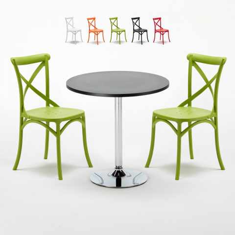 Cosmopolitan sort cafebord sæt: 2 Vintage farvet stole og 70cm rundt bord
