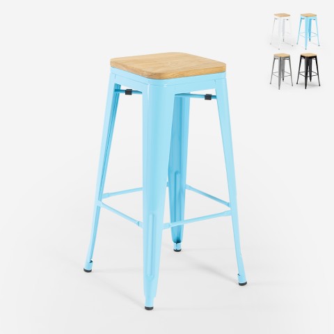 Højt barstol til køkken i metal Tolix industrielt design med træsæde Steel Up Wood. Kampagne