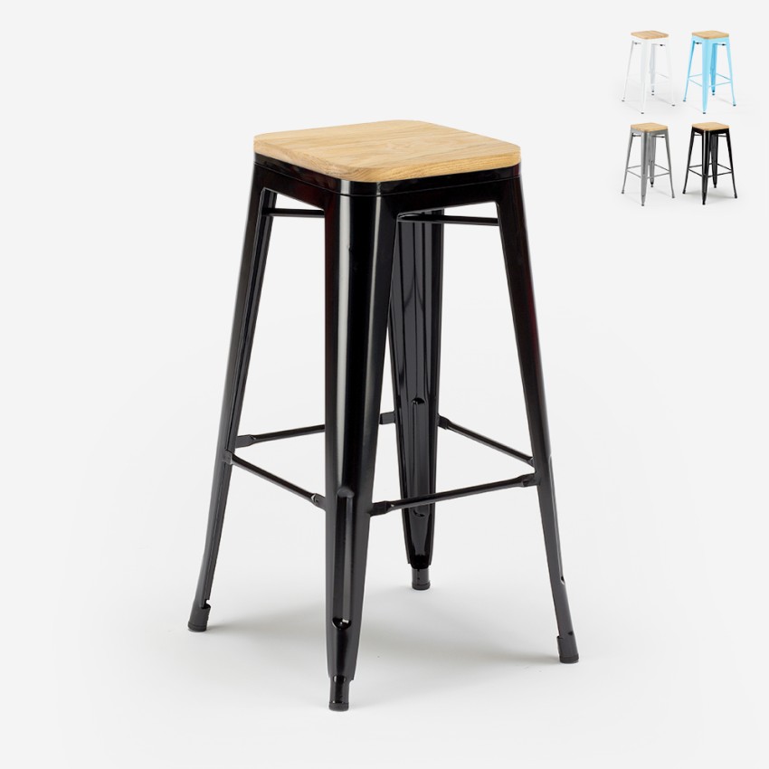 steel up wood industriel barstol i metal med træsæde til køkken og bar. Udsalg