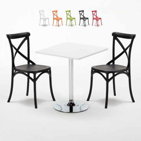Cocktail hvid cafebord sæt: 2 Vintage farvet stole og 70cm kvadratisk bord