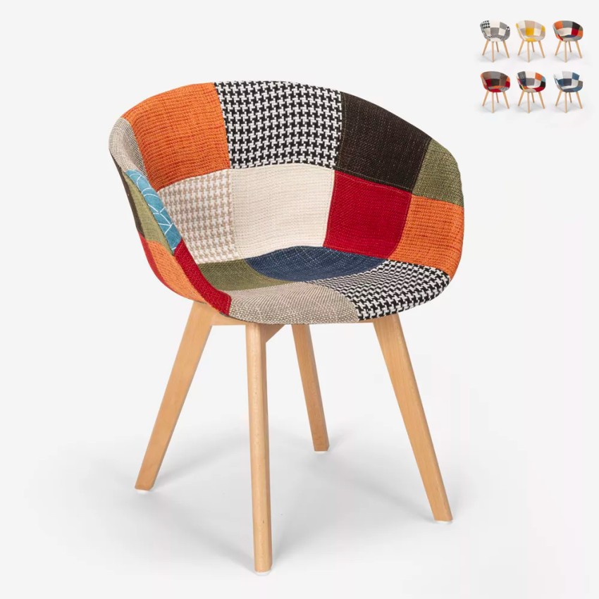 Pigeon design lænestol med farverigt patchwork stofbetræk og træben På Tilbud