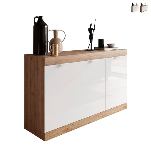 Nives blank hvid 136x42x82 cm skænk træ med 3 låger og hylder Kampagne