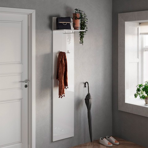 Moderne vægmonteret tøjstativ med 2 glatte hvide kroge og opbevaringsplads, Leslie. Kampagne