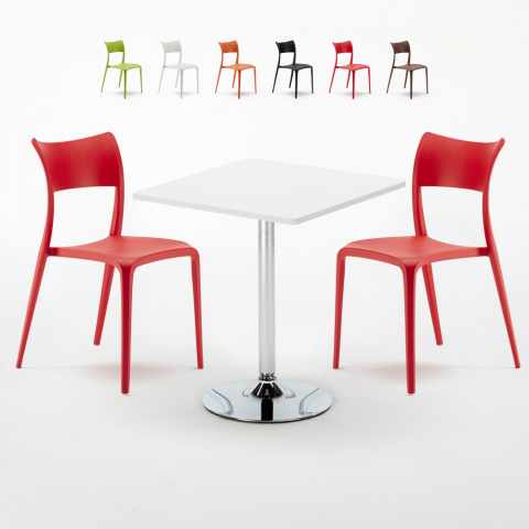 Cocktail hvid cafebord sæt: 2 Parisienne farvet stole og 70cm kvadratisk bord Kampagne