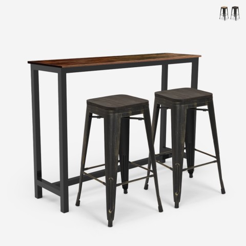 sæt med højt industrielt bord 140x40 og 2 Lix barstole oakwood Kampagne