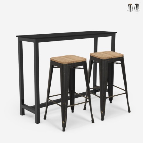 Sæt med højt sort bord og 2 tolix barstole i træ og metal Seymour Kampagne