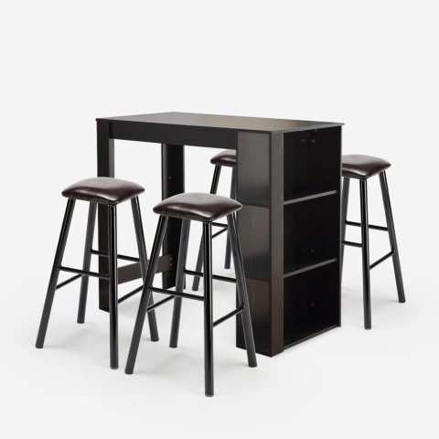 Salem sæt med sort højt bord 120x60 cm hylder og 4 polstret barstole Kampagne