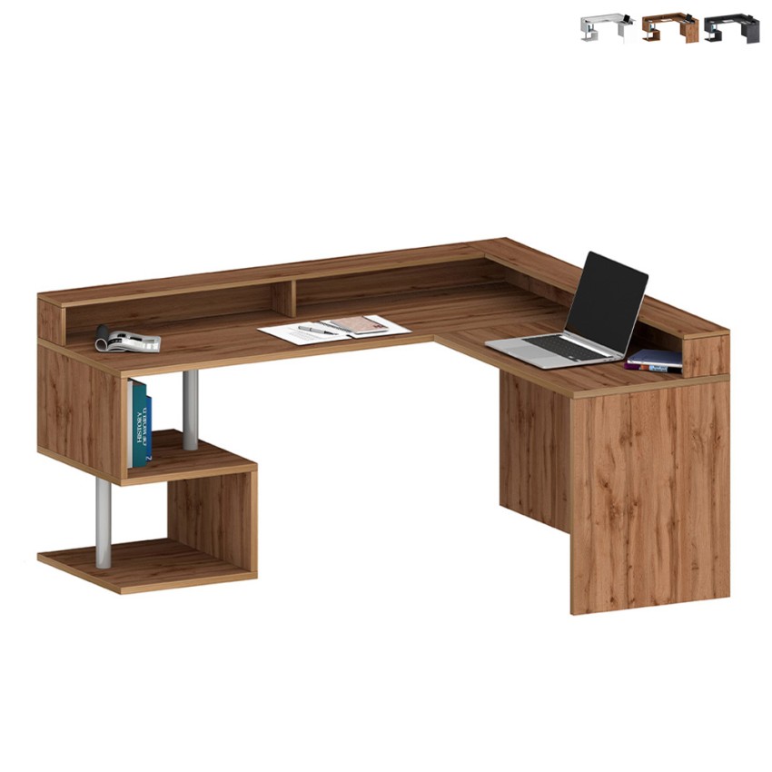 Hjørneskrivebord til kontor i moderne design med hylder Esse 2 A Plus På Tilbud