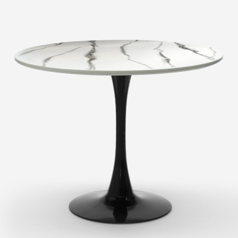 Rundt spisebord 80cm i Tulip-stil med sort og hvid marmoreffekt Moonstone Kampagne