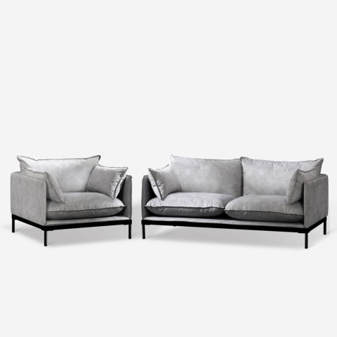 Sæt med moderne 2-personers sofa og lænestol i gråt stof Hannover Kampagne