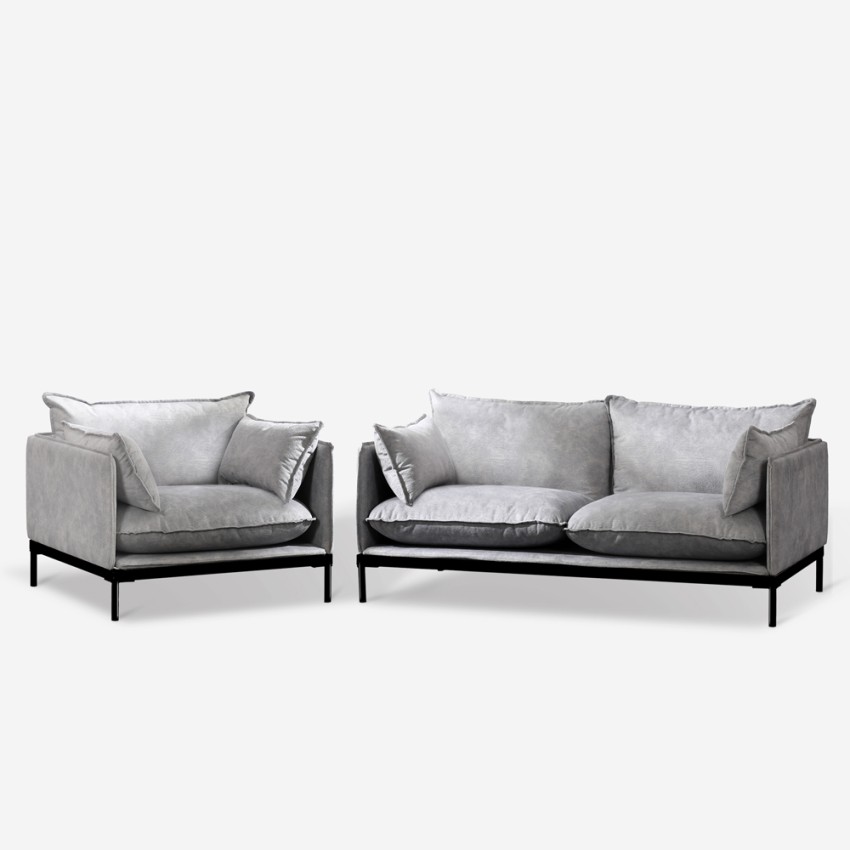 Sæt med moderne 2-personers sofa og lænestol i gråt stof Hannover Kampagne