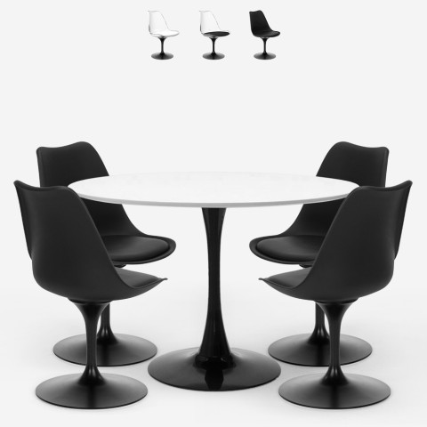 Sæt med rundt bord 120 cm og 4 stole i Tulip stil hvid sort Crayon+ Kampagne