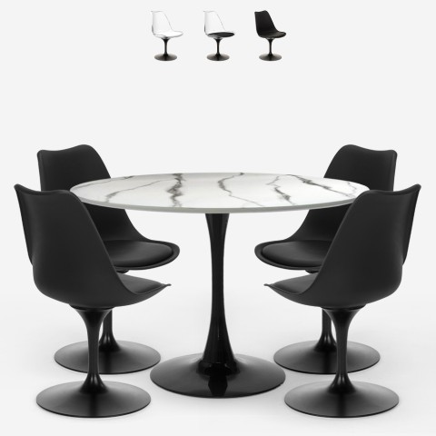 Sæt med 4 Tulip stole og rundt bord 120cm med marmor effekt i hvid og sort Lapis+ Kampagne