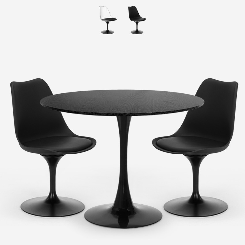 Sæt med 2 gennemsigtige Tulip stole og rundt bord 80cm i sort Almat Kampagne