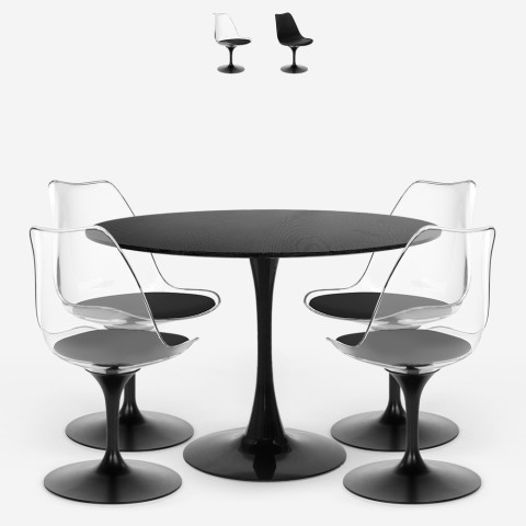 Sæt med rundt bord 120cm i sort og 4 gennemsigtig stole i Tulip stil Almat+ Kampagne