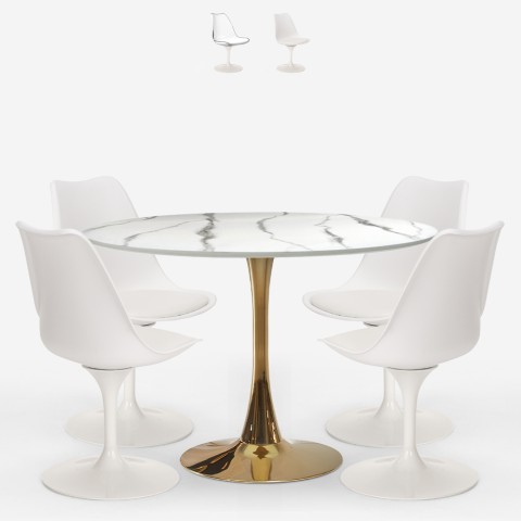 Sæt med 4 hvide Tulip stole og rundt bord 120cm i guld og marmor effekt Saidu+ Kampagne