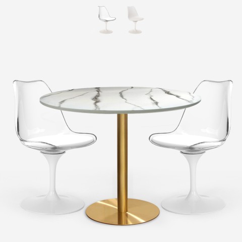 Sæt med rundt bord 80cm i marmoreffekt og 2 gennemsigtige hvide Tulip stole Vixan Kampagne