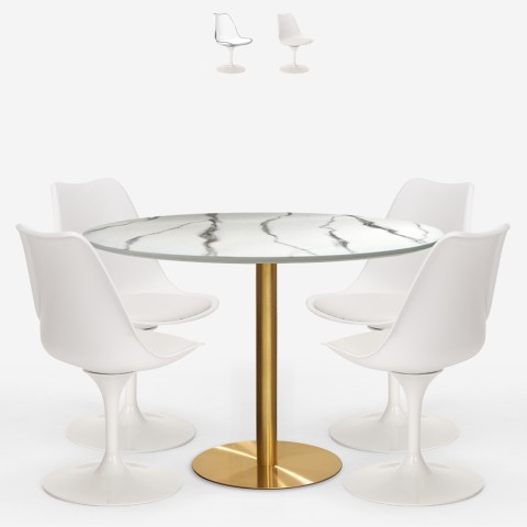 Sæt med rundt bord 120cm i guld og marmor effekt og 4 Tulip stole Vixan+ Kampagne