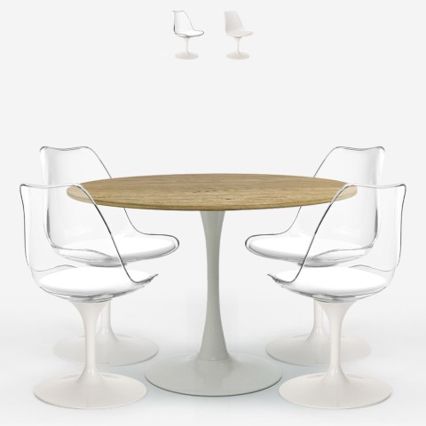 Sæt med 4 gennemsigtige stole i Tulip stil og rundt bord i træ 120cm hvid Meis+ Kampagne