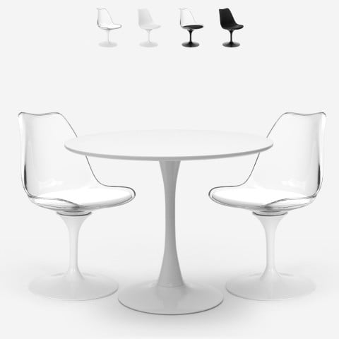 Sæt med 2 gennemsigtige Tulip stole og rundt bord 60cm hvid sort Nuit Kampagne