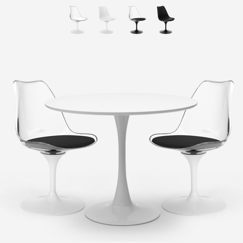 Sæt med rundt bord 70cm og 2 Tulip stole i hvid og sort Seriq Kampagne