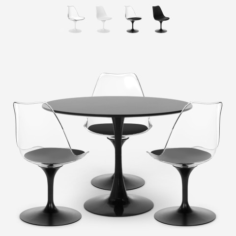 Sæt med rundt Tulip bord 90cm hvid sort og 3 gennemsigtige stole Wasen Kampagne