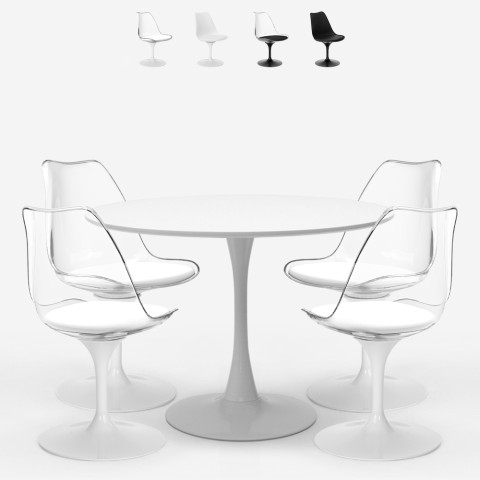 Sæt med 4 gennemsigtige Tulip stole og rundt bord 100cm hvid sort Yallam Kampagne