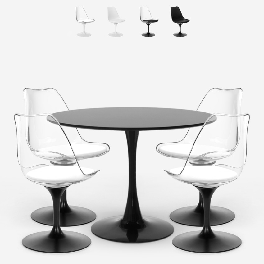 Sæt med 4 gennemsigtige Tulip stole og rundt bord 100cm hvid sort Yallam Tilbud