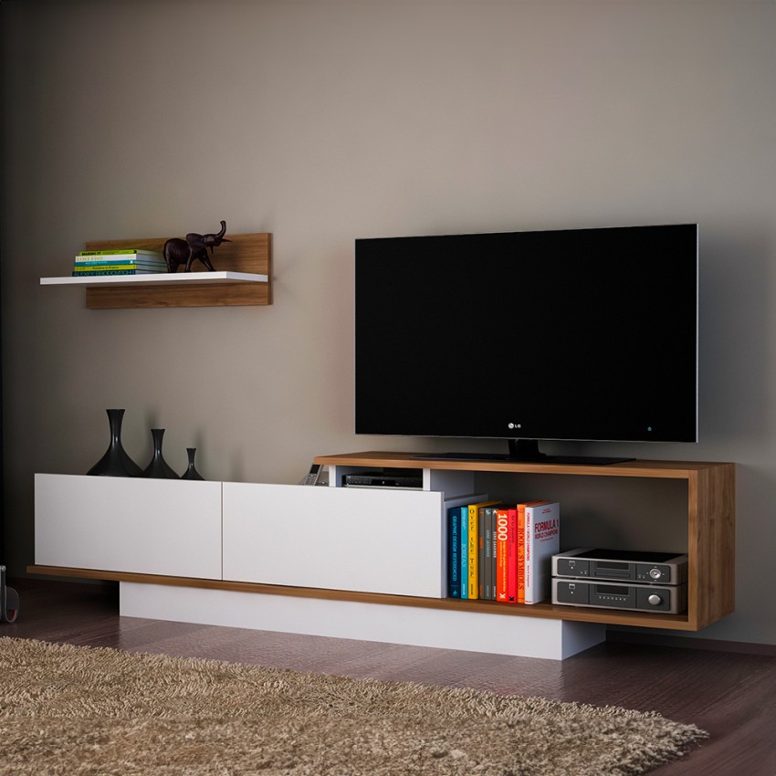 TV-møbel 180cm i hvid og valnøddetræ med låger og vægmonteret hylde Asos Kampagne