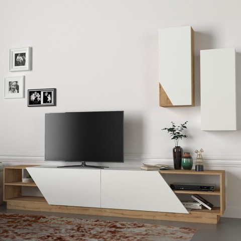 TV-møbel med 2 låger og 2 svævende hvide skabe i træ River Kampagne